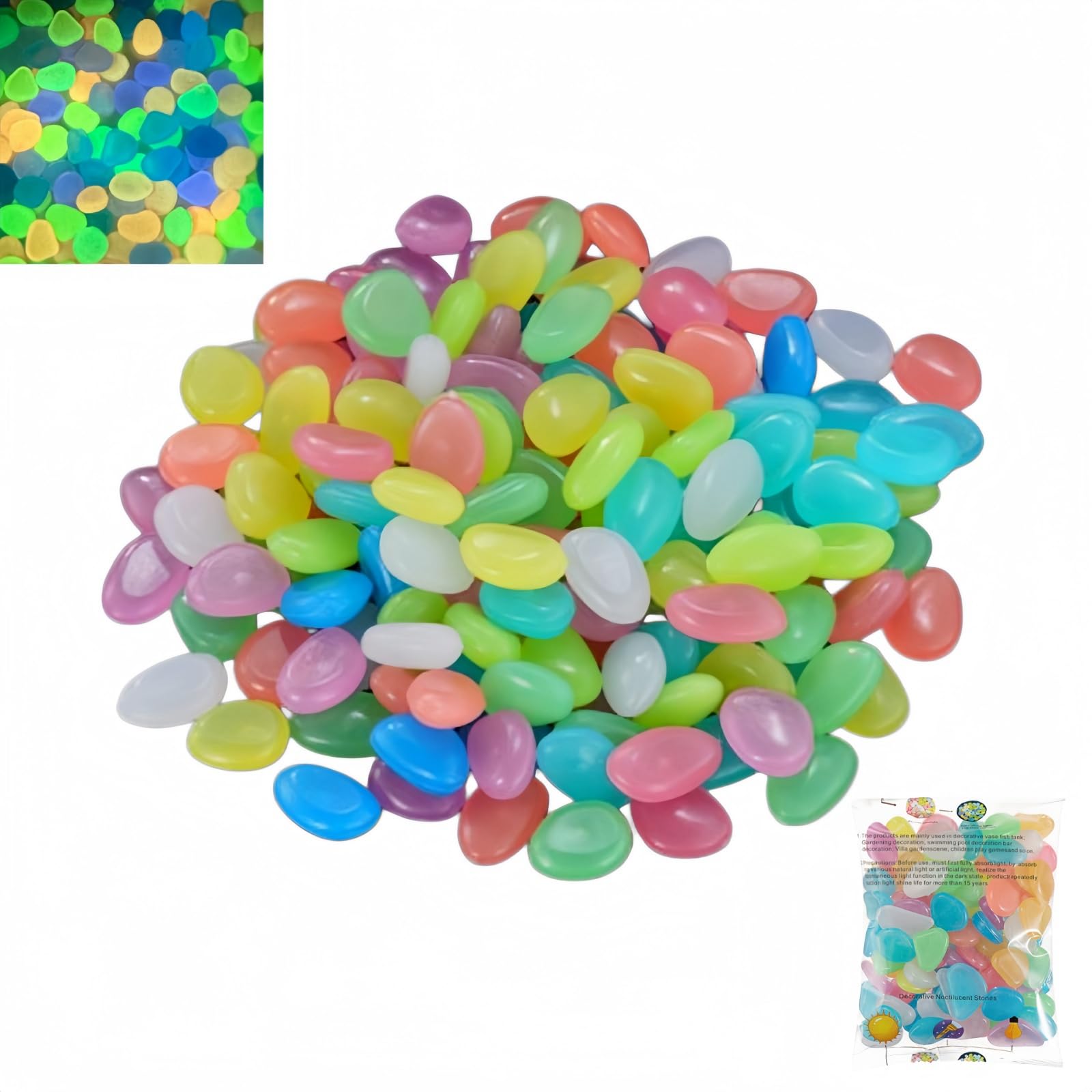 200PCS Glow in the Dark Colorful Pebbles,Fish Tank & Aquarium Gravel,Decorative Stones for Garden,Plant Pots,Vases & DIY,White Luminous Rocks for Outdoor Landscaping & Sidewalk,Pebbles for Plant Pots