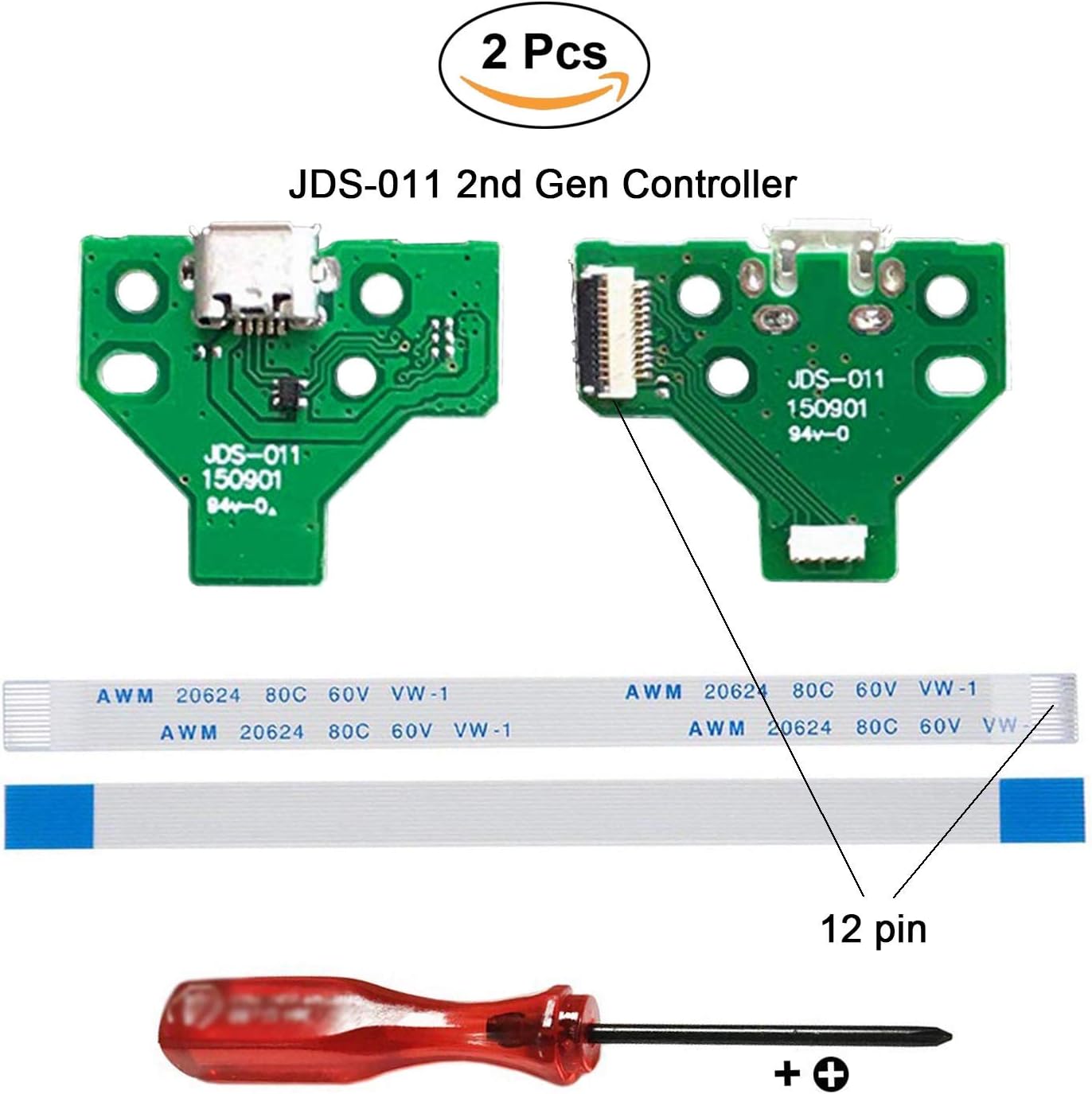 Rinbers® Pack of 2 JDS-011 Replacement Charging Port Micro USB Adaptor Charger Socket Circuit Board with 12 Pin Flex Cable for Sony PS4 2nd Gen DualShock 4 Controller