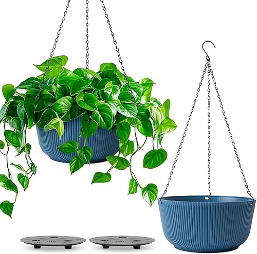 Miniatura 10 de T4U Macetas colgantes de 10 pulgadas para plantas de interior y exterior paquete de 2 macetas colgantes blancas con riego automático juego de