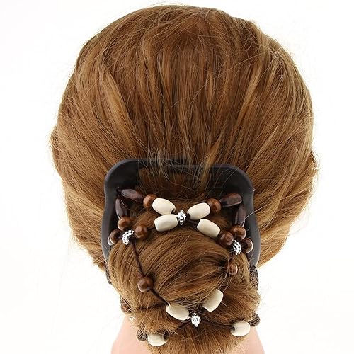 Miniatura 5 de 3 piezas de pinzas elásticas para el cabello con doble peine mágico para mujer, con cuentas de madera elástica, accesorios para el cabello rizado