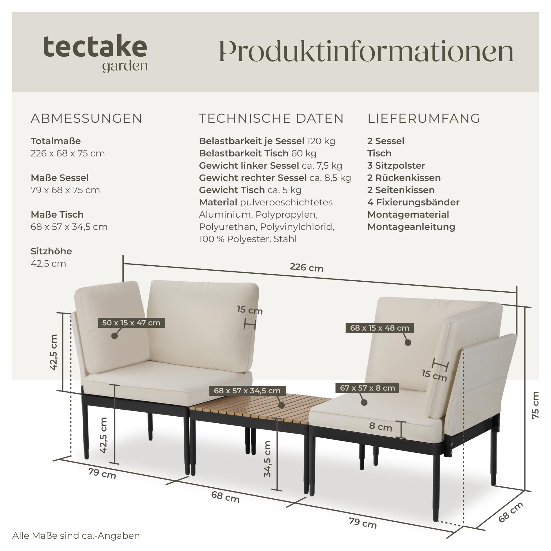 tectake® Aluminium 5in1 Gartenlounge Set, Gartenmöbel mit Outdoor Kissen wetterfest, Lounge Sessel, Liege/Gartenbank, Balkontisch, Balkonmöbel kleiner Balkon, Lounge Möbel Outdoor, Terrasse, Holzoptik