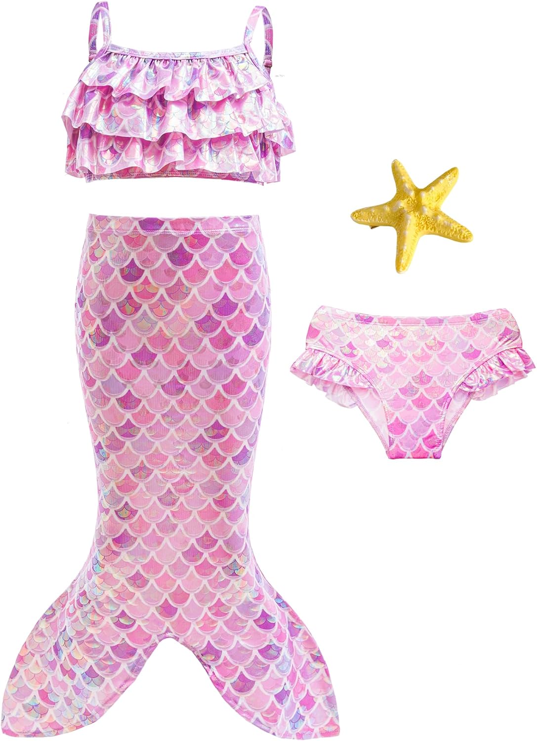 Little Girls Mermaid Swimsuit 3pcs Bathing Suits Ruffle Bikini Set with Princess Skirt for Kids Swimwear for 3-8 Years