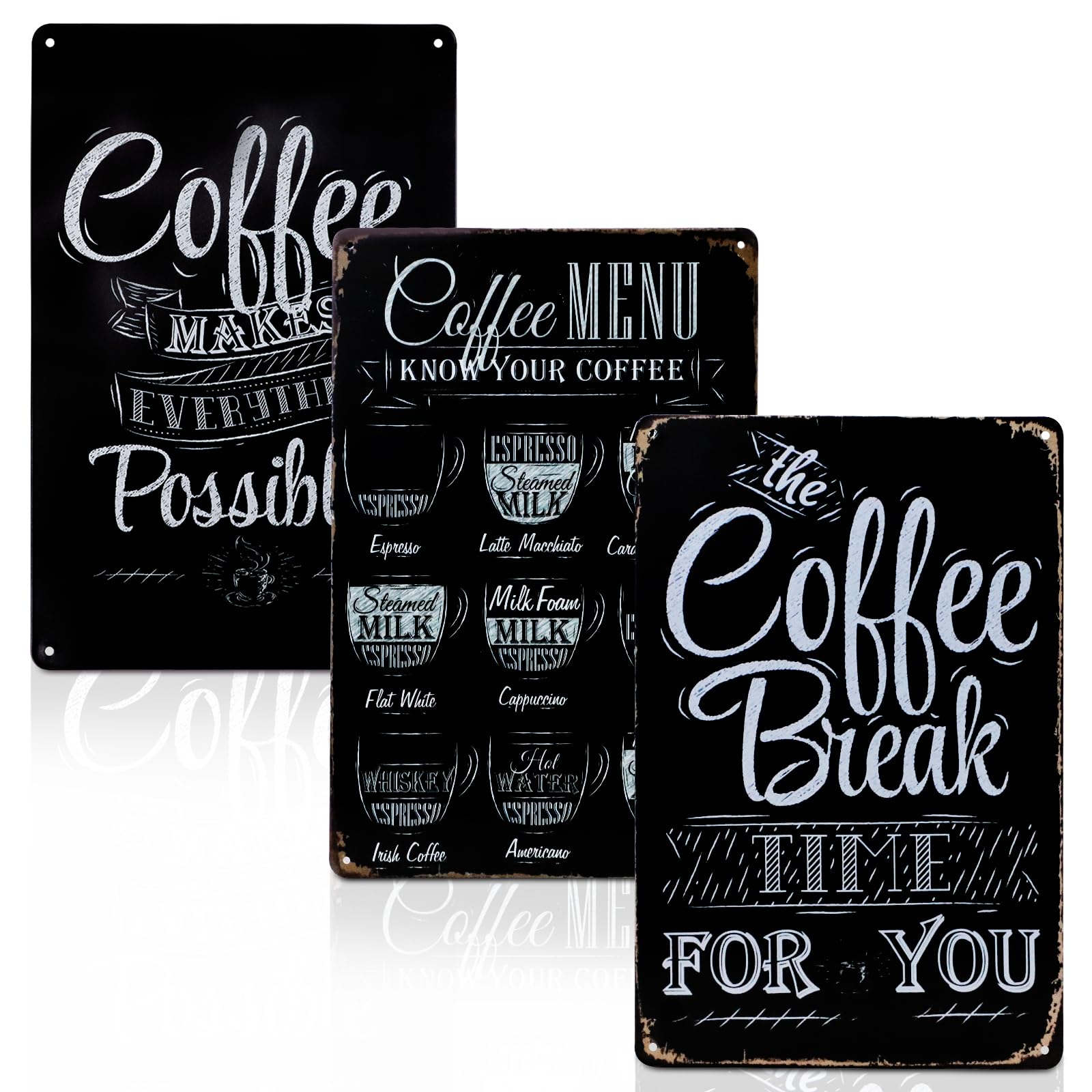 3Pcs Vintage Metal Tin Sign, Retro Coffee Sign Plague Poster, Coffee Menu Signs Wall Art Decor, Metal Tin Painting Signs for Cafe Pub Bar Club Home Decorations, 12 x 8 inch (Black+White)