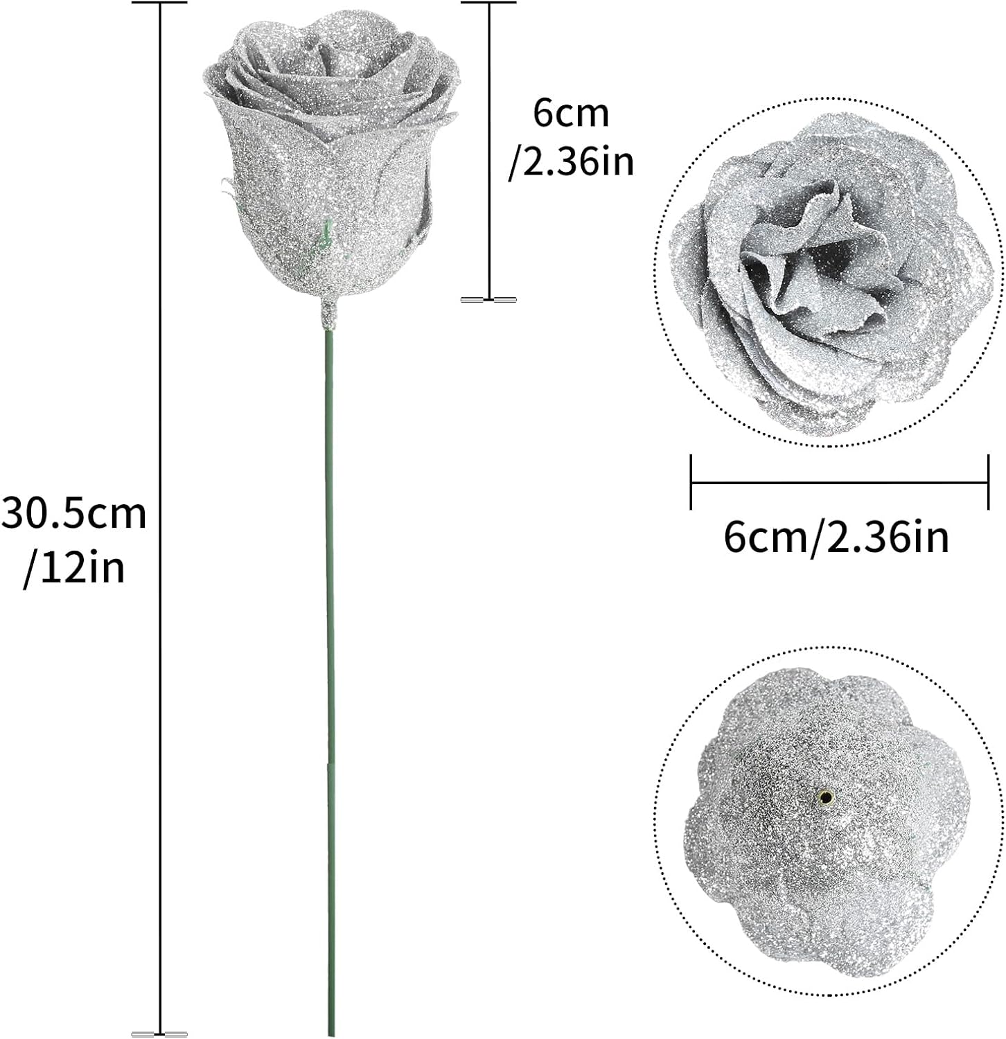 Silver Roses,30pcs Glitter Roses Flowers Artificial Roses with Stems for Crafts Wedding Bouquet Party Home Decor(Silver) - Image 2