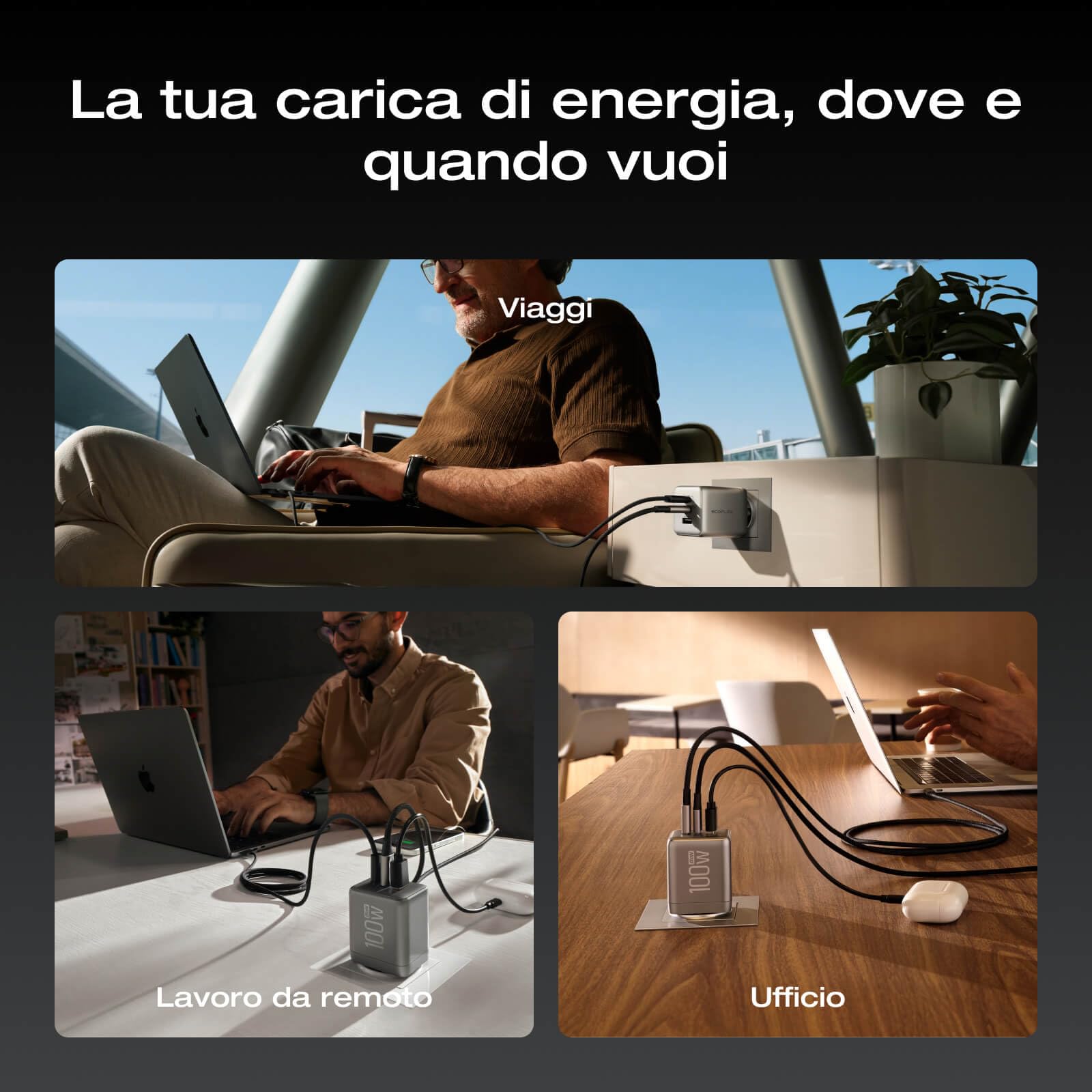 EcoFlow RAPID Pro Caricatore GaN USB C 100W 3 porte USB C, 3 in 1 Caricabatterie Multiplo Compatibile con iPhone 17/16/15 Max, Samsung Galaxy, MacBook