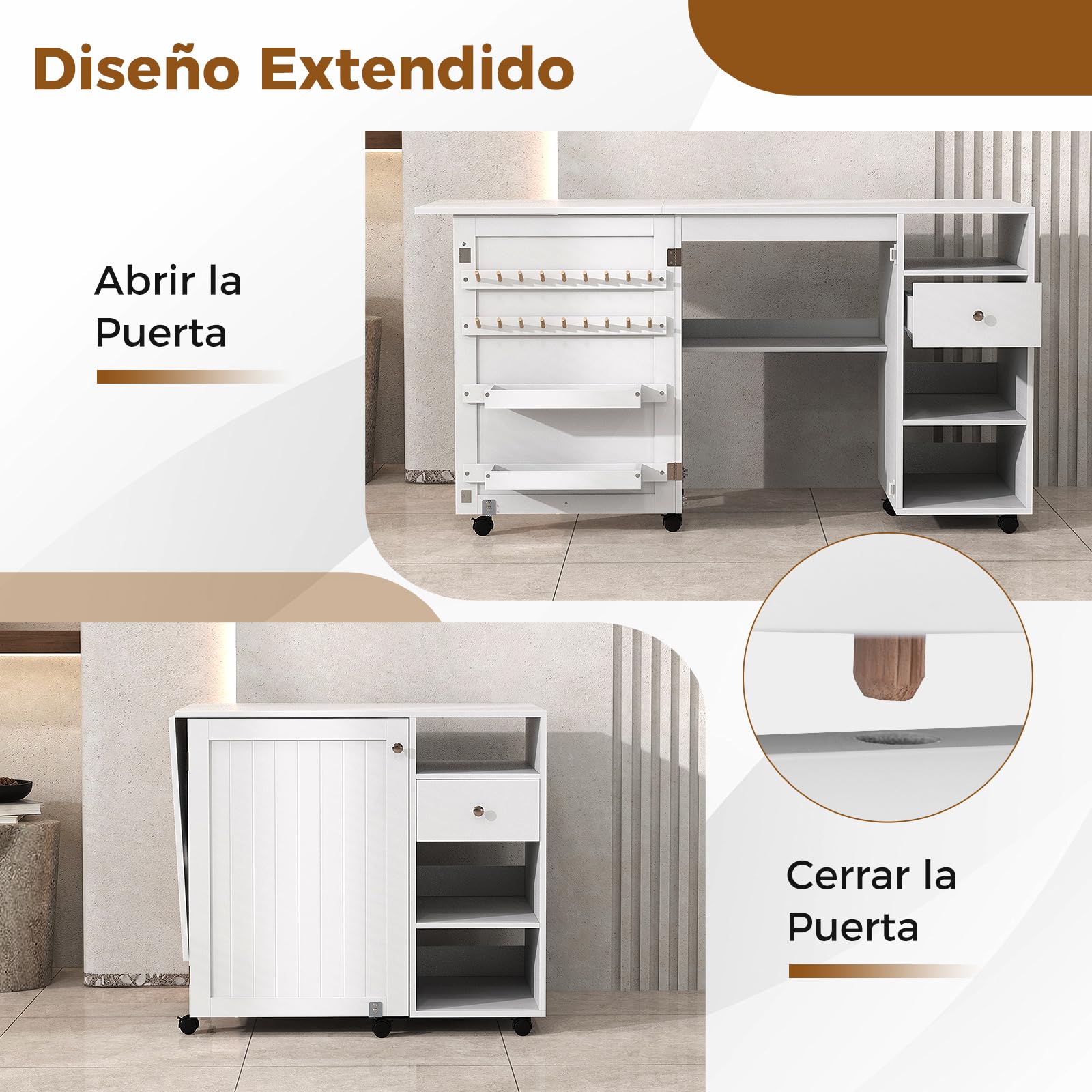 COSTWAY Armarios de Costura, Mesa Plegable de Costura Multifuncional con 3 Estantes de Almacenamiento, 18 Ganchos y 2 Soportes para Hilos, Mesa de Trabajo de Costura Portátil con 6 Ruedas Bloqueables