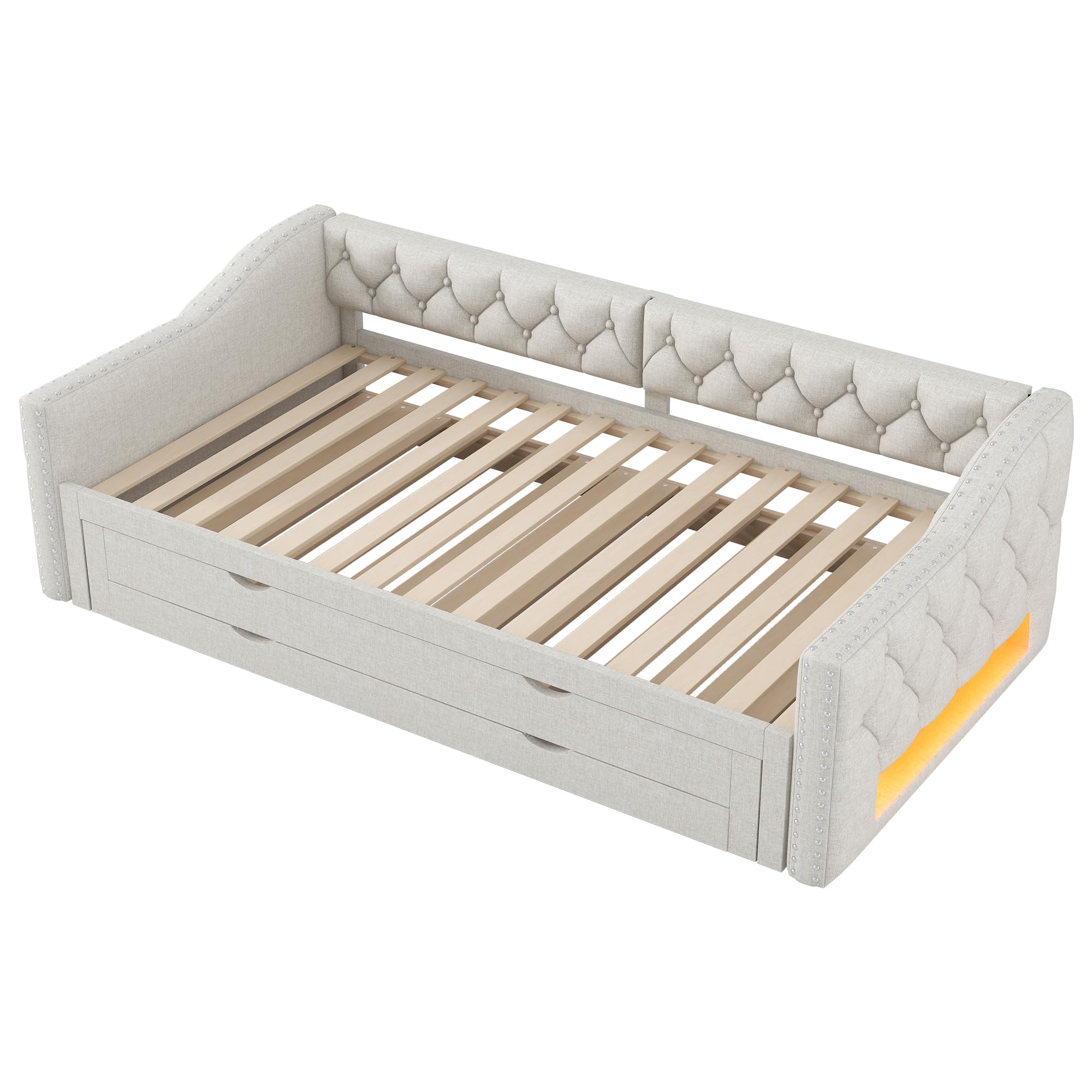 Moimhear Cama de día acolchada con luz LED, cama nido y tres cajones, sin colchón, beige, 90 x 200 cm