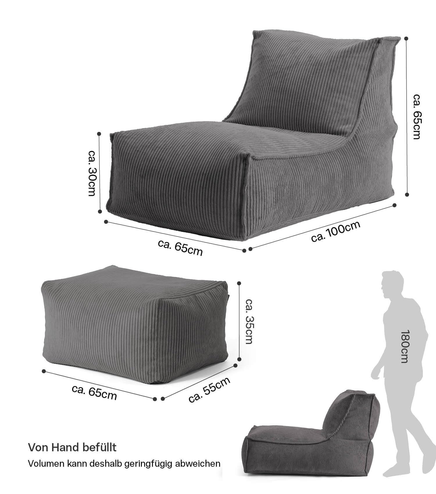 mokebo Sitzsack mit Hocker aus Cord 'Der Gelassene' Made in Germany, Bean Bag, Relaxliege, Bodenkissen mit EPS-Perlen Füllung, kuschelige & gemütliche Liege für Wohnzimmer & Wintergarten in Anthrazit