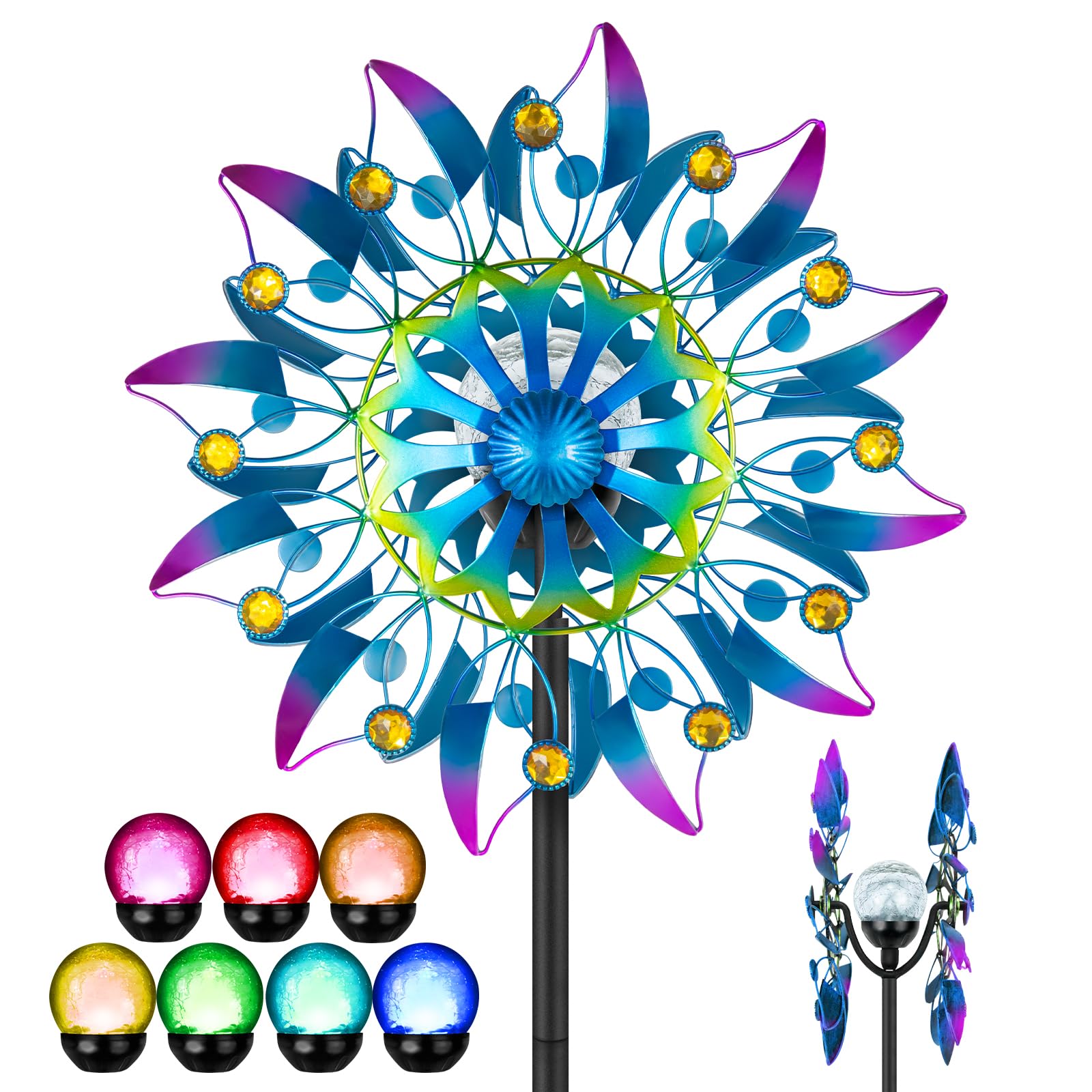 Moulin à vent solaire, sculpture en métal imperméable pour extérieur, terrasse, pelouse et décoration de jardin (multicolore rétro)