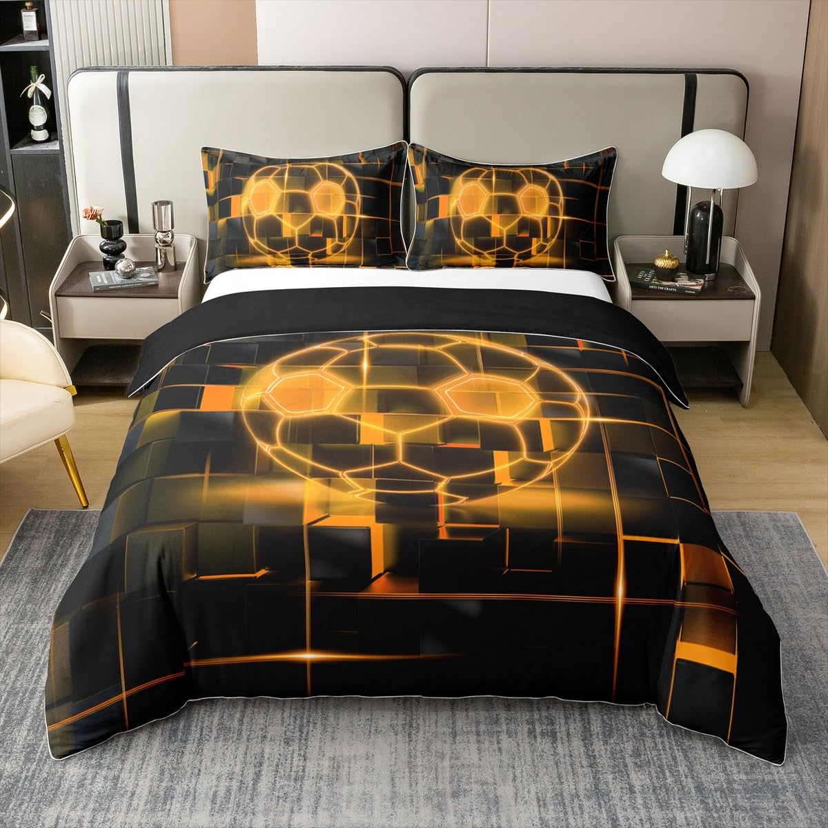 Parure de Lit Néon Soccer pour Chambre d'Enfant - Ambiance Football Orange