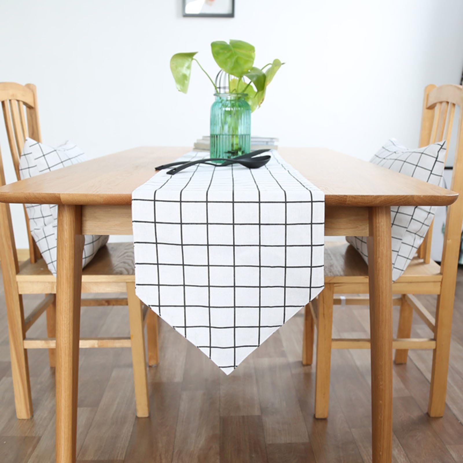 Tischläufer Baumwollleinen Landhausstil, Tischläufer Hochzeit 30x200 cm, Weißes Karomuster mit Quasten