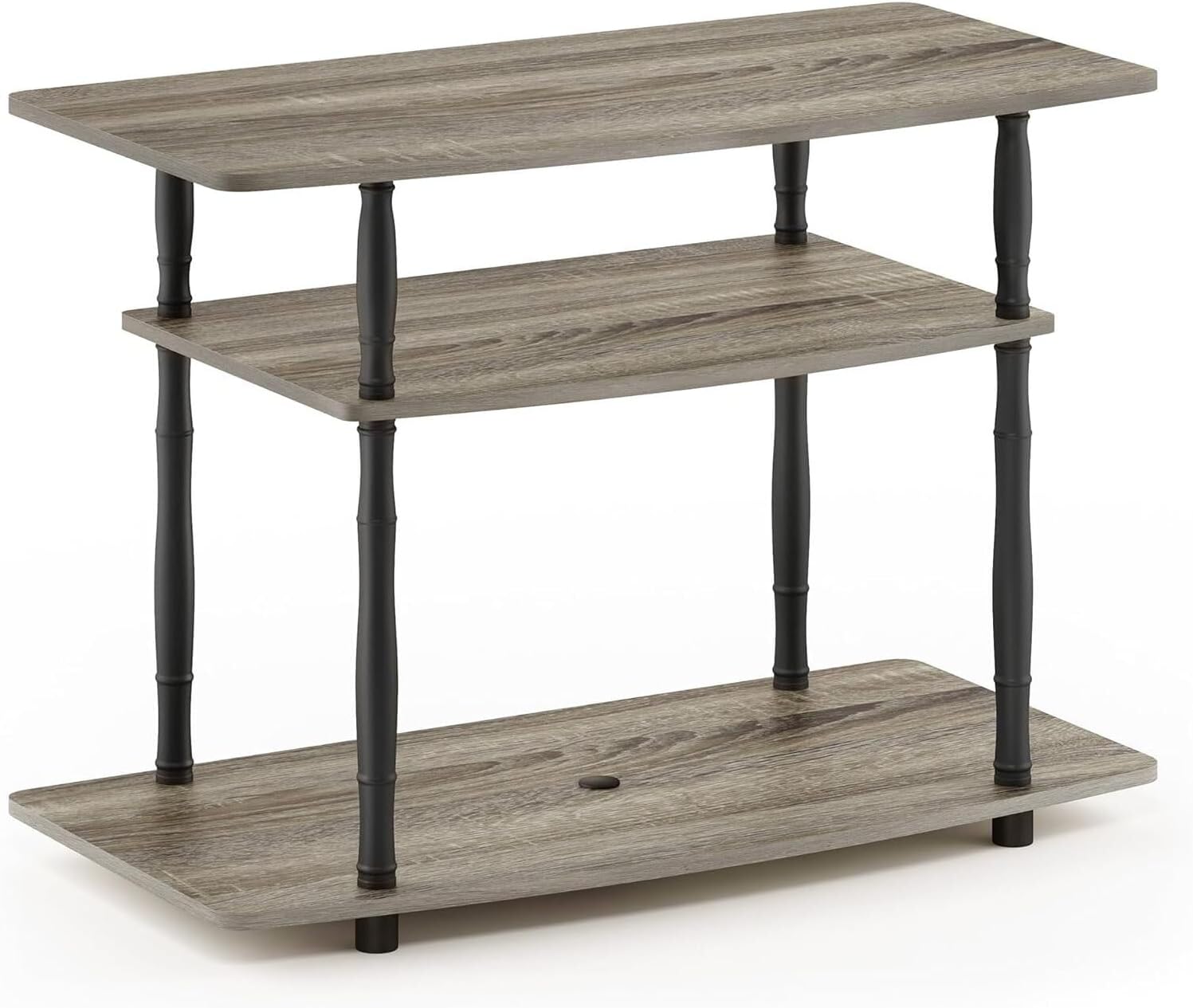 HomeStock Global Glam No Tools 3-Tier TV Stand 31.5 x 15.8 x 23.3 Inches French Oak Gray Black Finish Round Tubes Sturdy Design French Oak Grey/Classic Tube