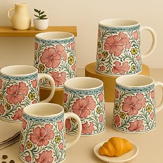 KITTENS Magenta Floral Ceramic Coffee Mug Set of 6 (300 ml) – Designer Tea Coffee Mugs for Home Kitchen – Handcrafted Flor... Price In India