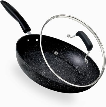 Non Stick Frying Pan with Lid 26cm | Easy to Clean & Healthy Cooking | Heat Resistant & Cool-Touch Handle | Durable Black Granite Marble Coated for All Hobs Induction, Gas & Electric 26cm Granite