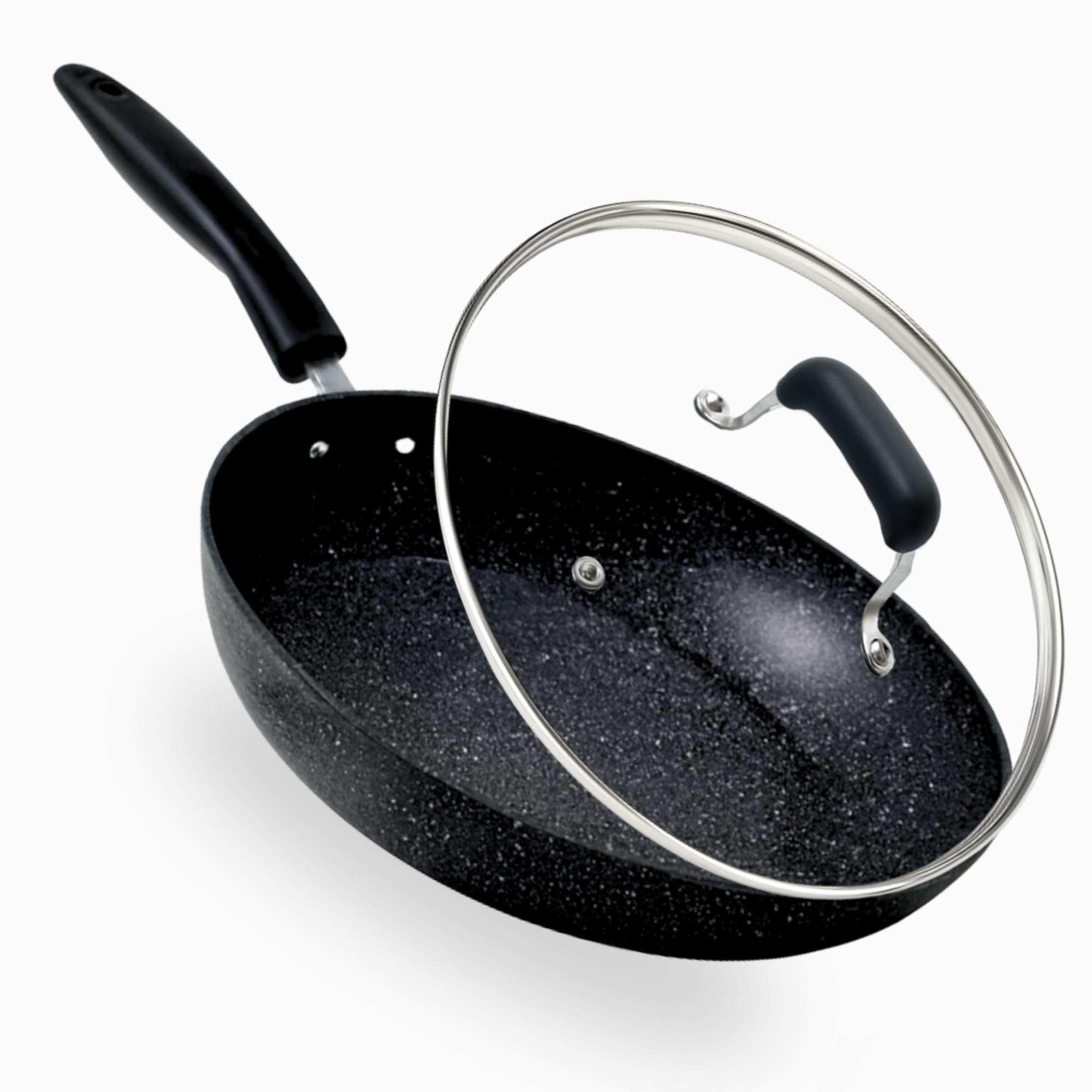 Non Stick Frying Pan with Lid 30cm | Easy to Clean & Healthy Cooking | Heat Resistant & Cool-Touch Handle | Durable Black Granite Marble Coated for All Hobs Induction, Gas & Electric (30cm Granite)