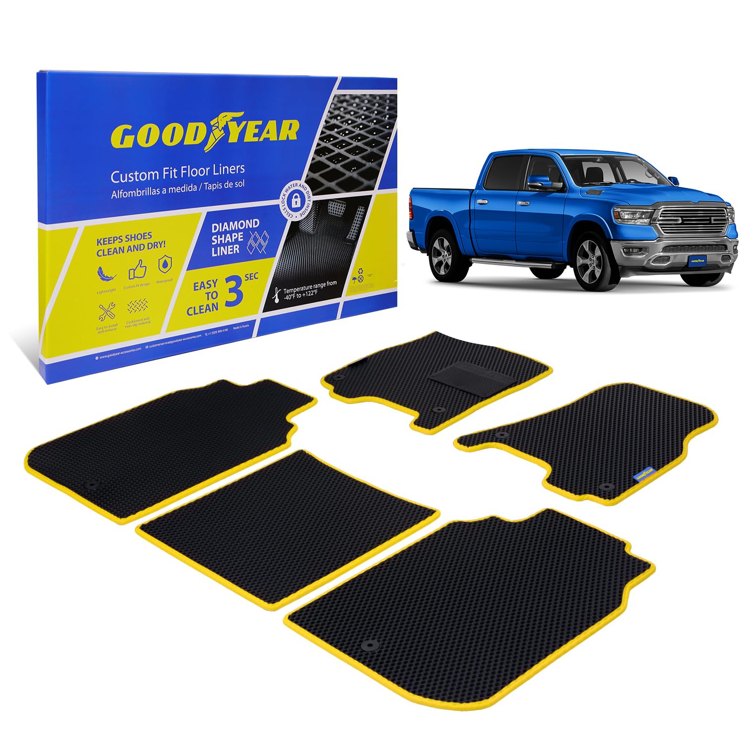 Goodyear Custom Fit Car Floor Liners for Dodge Ram 1500 2019-2025 Crew Cab, Black/Yellow 5 Pc. Set, All-Weather Diamond Shape Liner Traps Dirt, Liquid, Precision Interior Coverage - GY004035