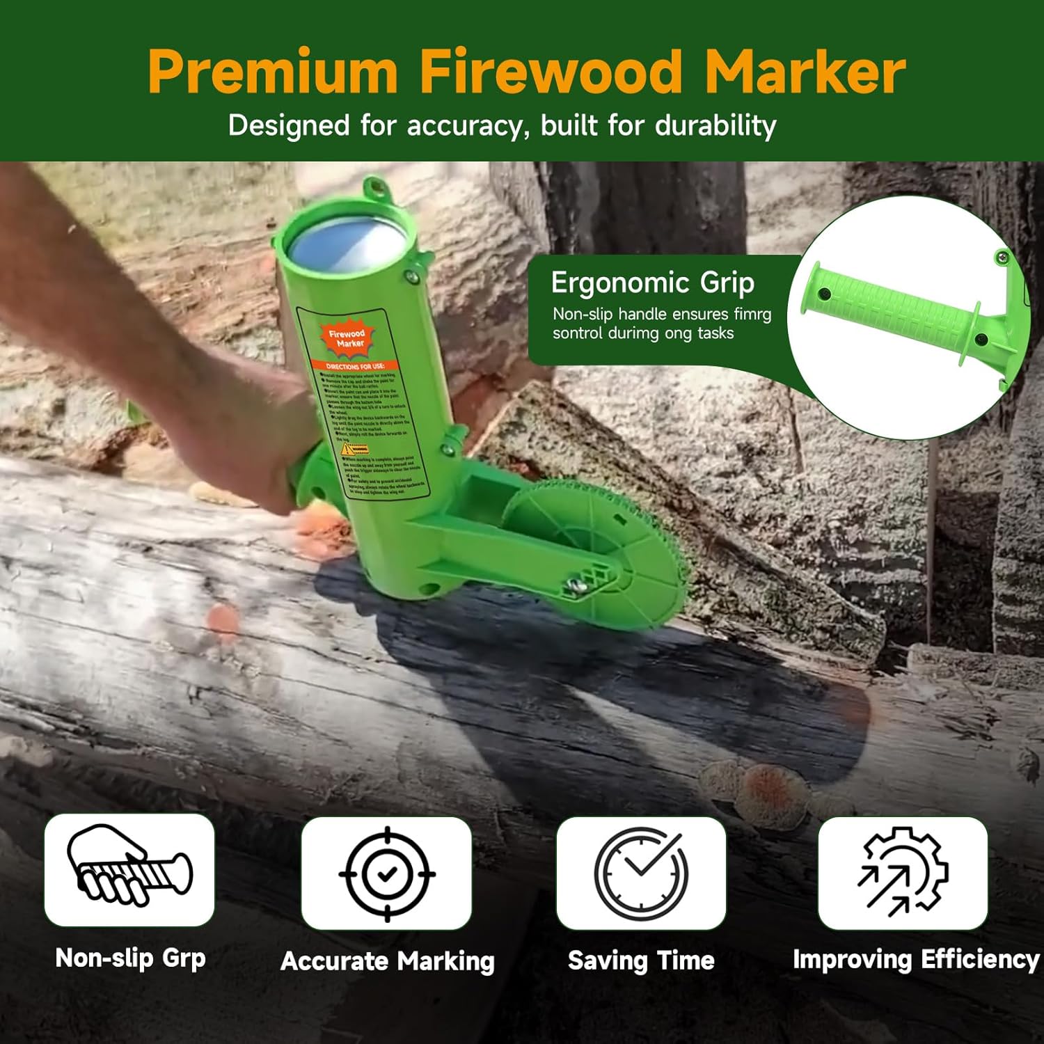 Firewood Marker Tool - Automatic Paint Marking Device with 16'' Roller Wheel, Durable Firewood Measuring Tool for Log Cutting & Woodworking, Measuring Accessory For Chainsaw Portable Design