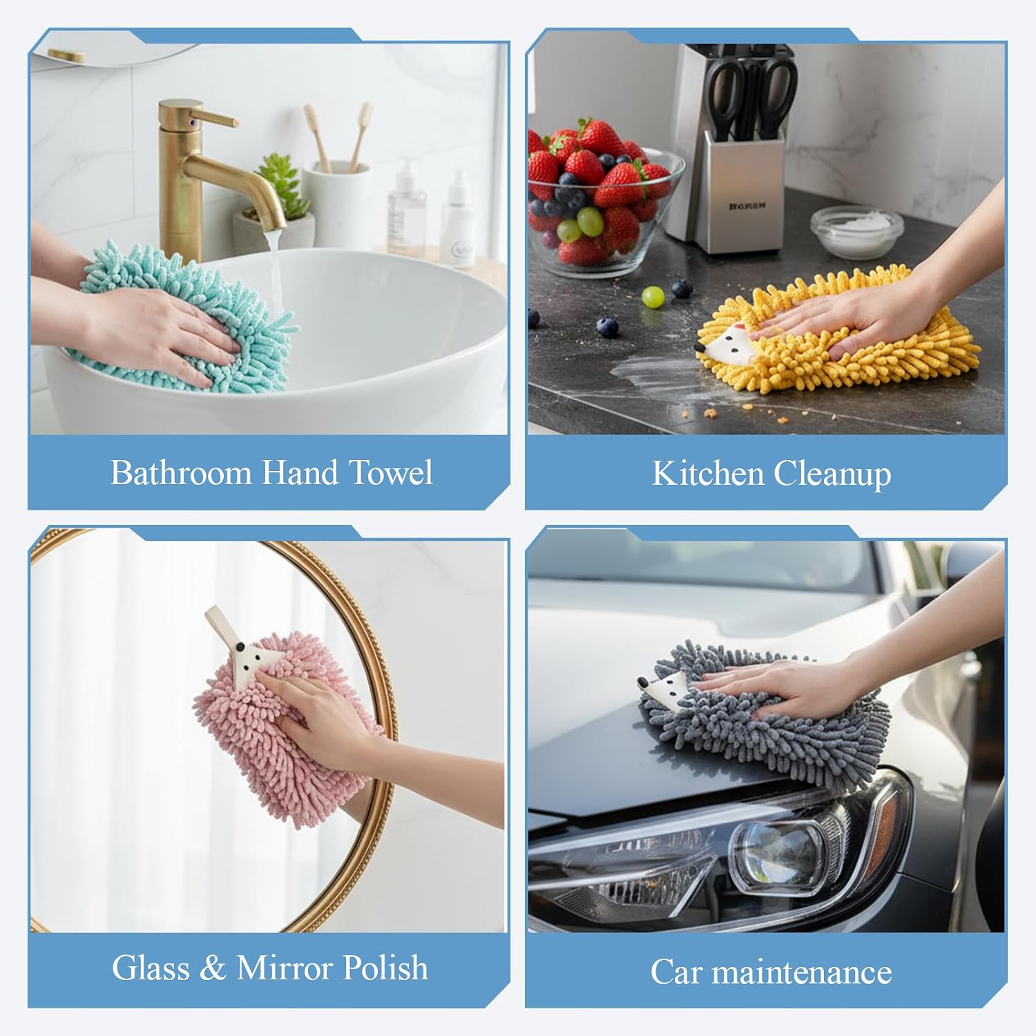 6 Pack Chenille Hand Towels, Fuzzy Ball Hand Towel with Hanging Loops Absorbent Quick Dry Cute Funny Hedgehog Hands Towel for Drying Bath Kitchen Washstand-6 Colors