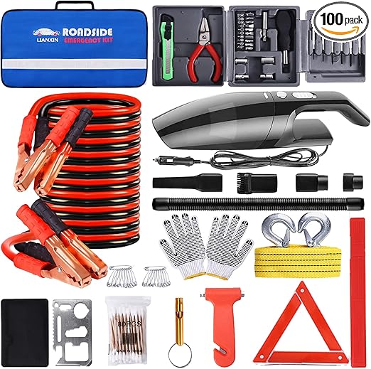Roadside Car Emergency Kit- Car Safety Kit,Car Kits Emergency,High Power Car Vacuum,Jumper Cable Kits,Reflective Warning Triangle,Car Emergency Kit