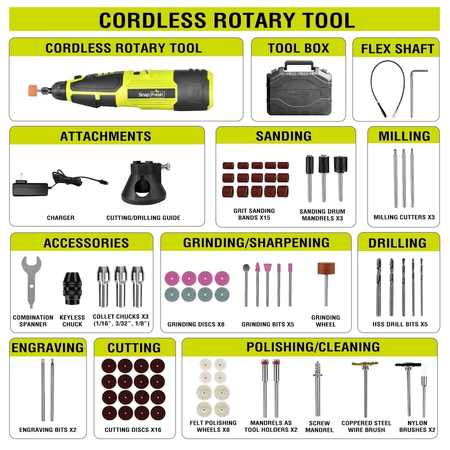 SnapFresh 12V Cordless Rotary Tool Kit with Flex Shaft, 80+ Accessories — Amazon image 6