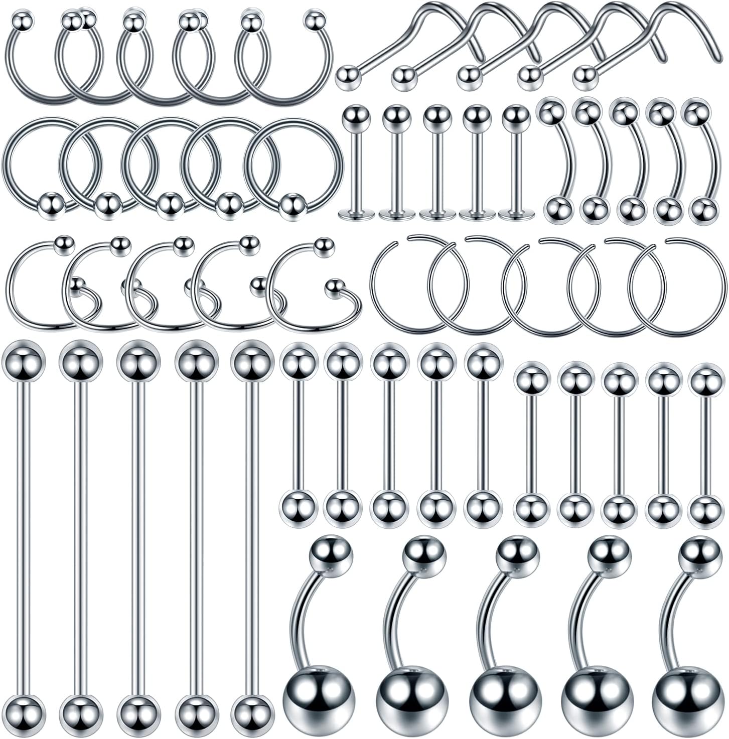 Oveta 55PCS Piercing Kit 14G 16G 20G Stainless Steel Navel Belly Eyebrow Piercing Tongue Industrial Barbell Lip Nostril Nose Ring Hoop Professional Piercing Kits