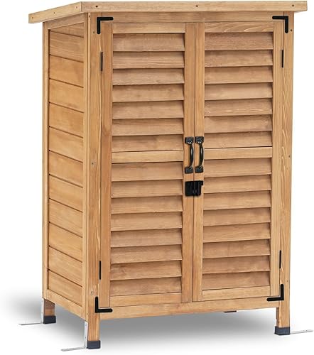 Mcombo Armario de almacenamiento de madera para exteriores cobertizo de herramientas de madera de jardín de tamaño pequeño con puertas dobles