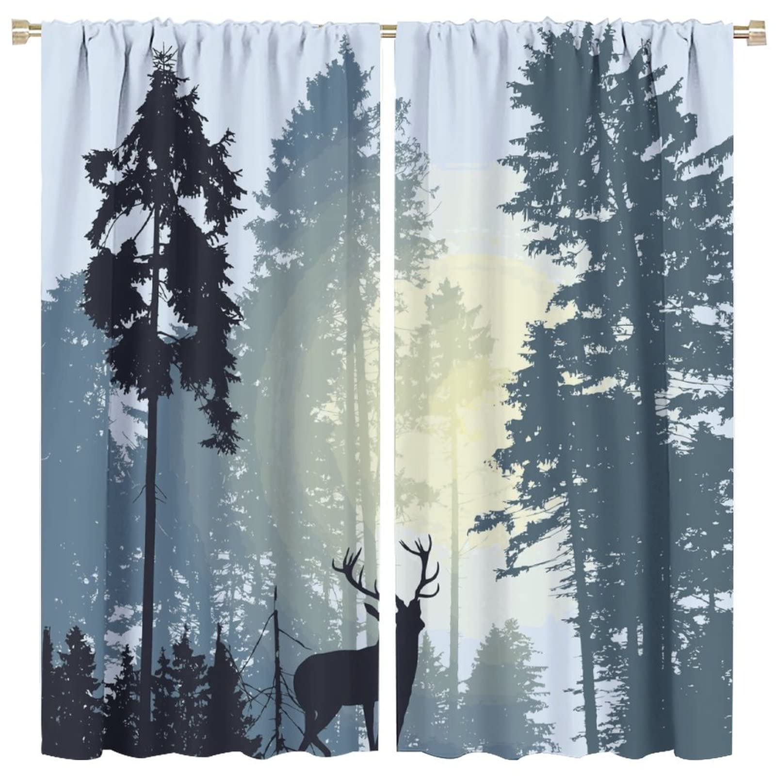 Deer Blackout Curtain,Morning Sunrise Forest Rustic Wildlife Moose Mountain Elk Birds Pine Forest Silhouette Window Curtains for Bedroom Living Room