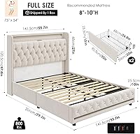 Vista 2 de HIFIT Marco de cama matrimonial LED completo con estación de carga y 4 cajones de almacenamiento, cama plataforma tapizada en terciopelo con 2-Blanco