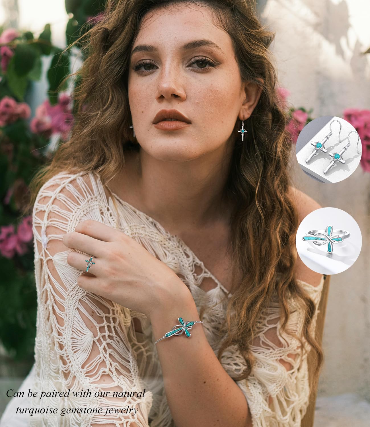 Braccialetto da donna in vero argento Sterling 925 con ciondolo a forma di croce turchese, regolabile, verde con gemma naturale, per moglie e mamma
