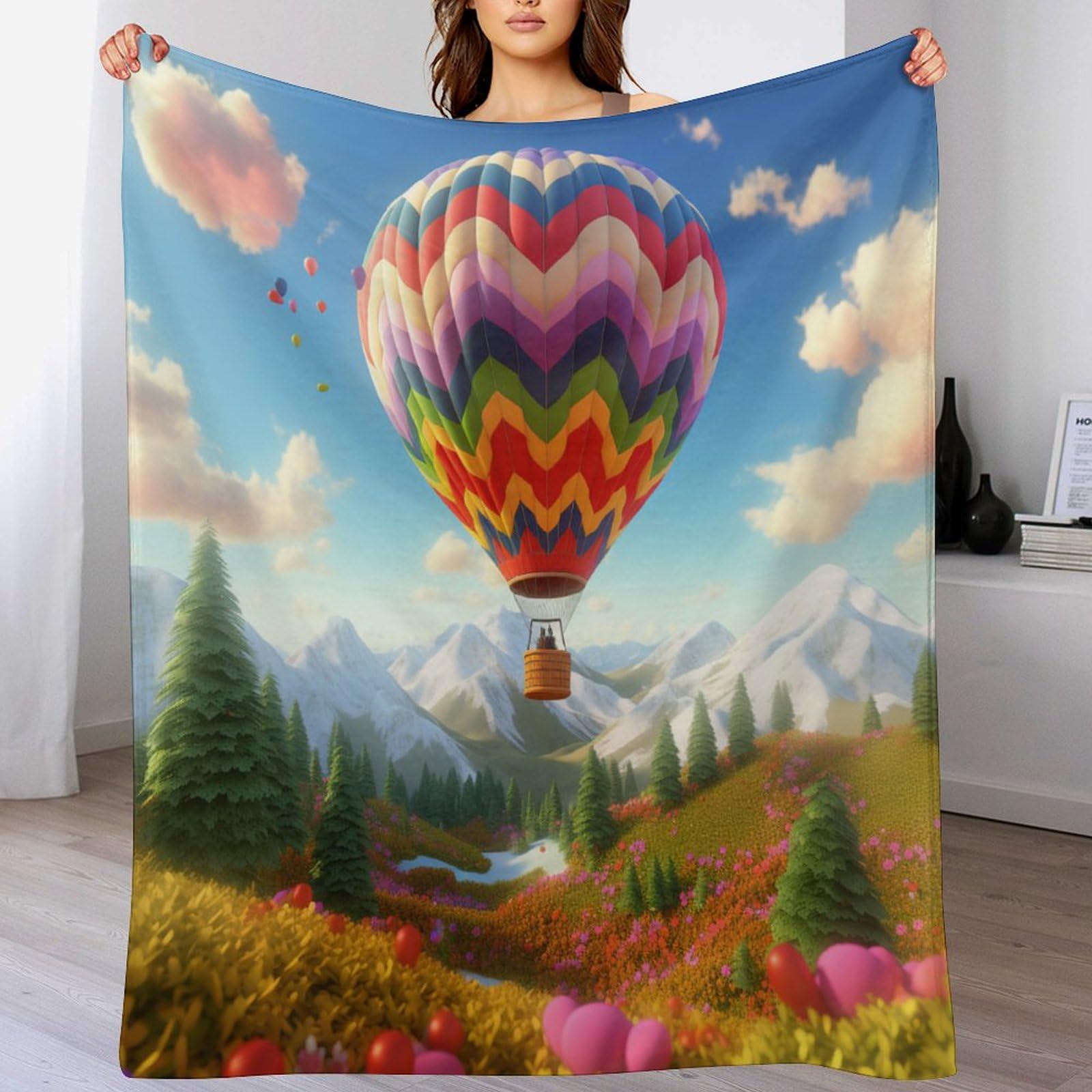Couverture chaude en flannel motif montgolfière plaid toutes saisons lit 140x180cm