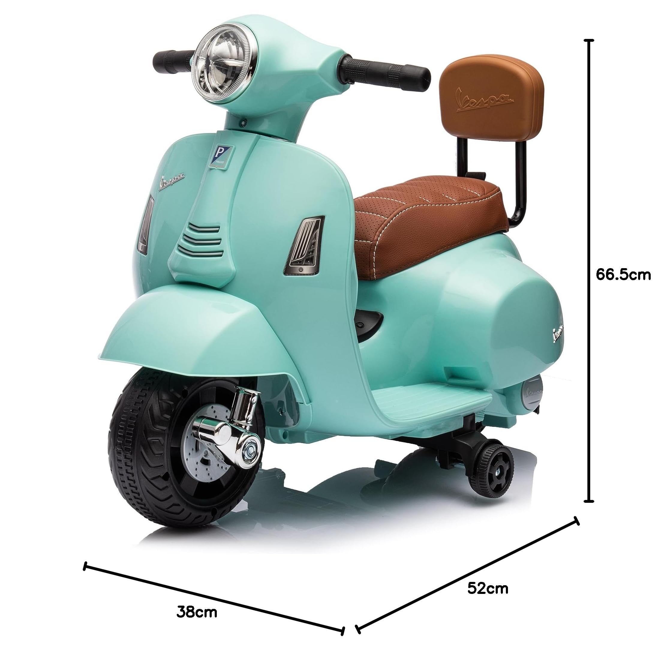 Mondial Toys Moto Elettrica Scooter per Bambini Mini Vespa GTS Piaggio 6V con Schienale Sedile in Pelle Luci Suoni Verde Tiffany