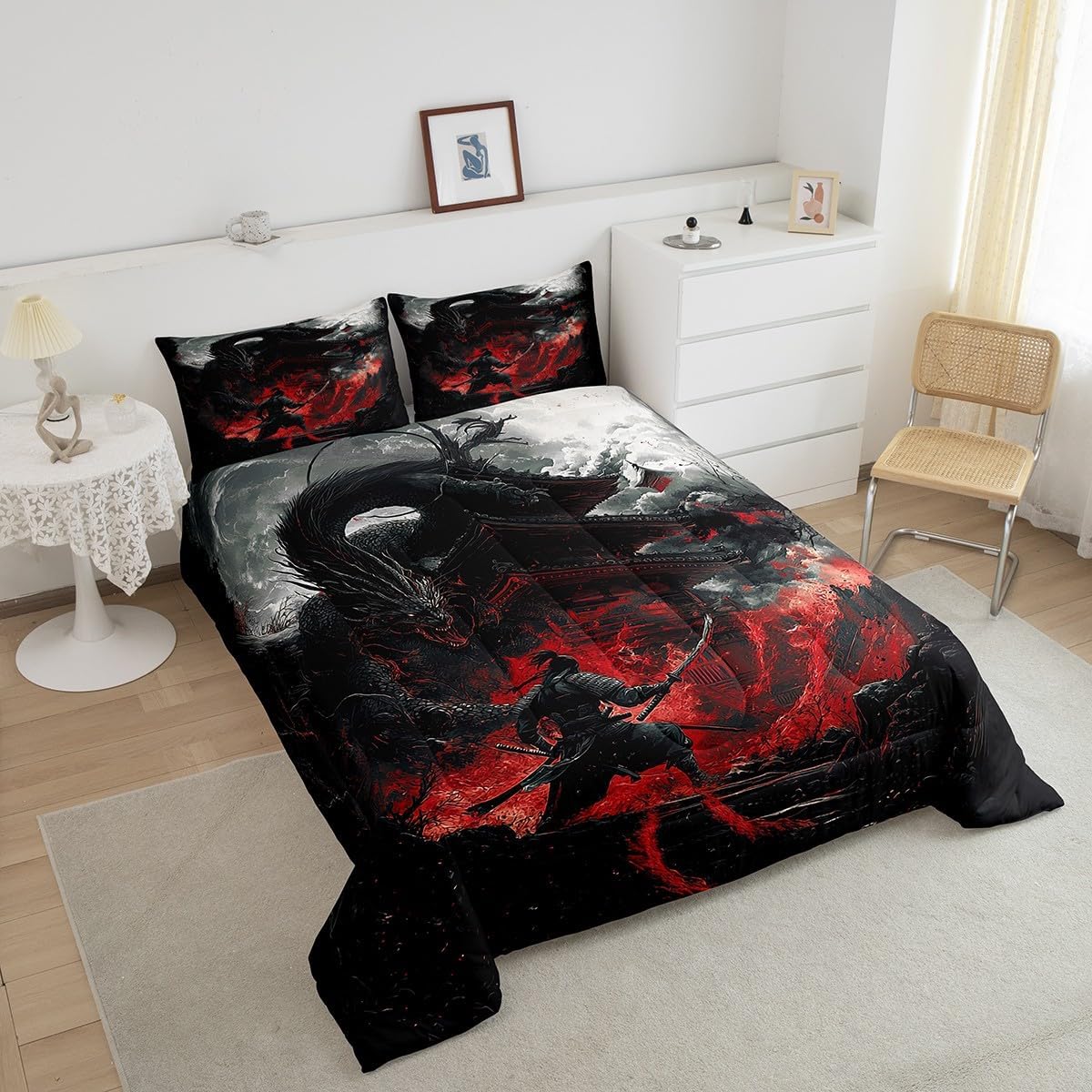 Feelyou Dragon Comforter Set Queen Size Japanese Style Comforter for Boys Girls Teens Samurai Bedding Set Dragon Decor Duvet Set Room Decor Black Red Quilt Set