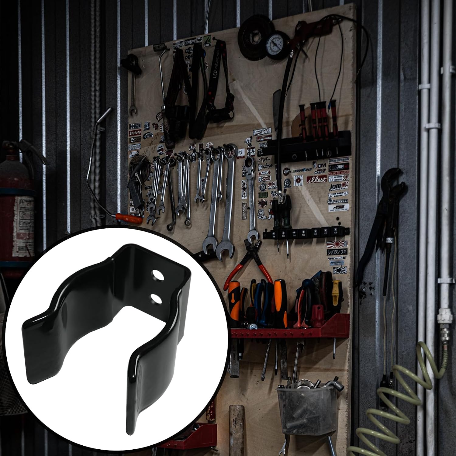 fallingStar 10 Pack Spring Clip Gripper Clips Broom Clip with Screws, 1 1/2-1 7/8 Inch Diameter Black Manganese U Shape Steel Clips for Tools, Rakes, Flashlight, Pipe Holder for Wall Garage Garden