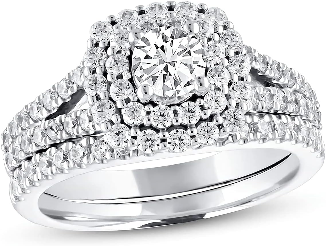 Bridal Set 2 CT tw Round Moissanite Engagement Ring and Wedding Band Sets for Women 925 Sterling Silver Name Custom Ring Gift