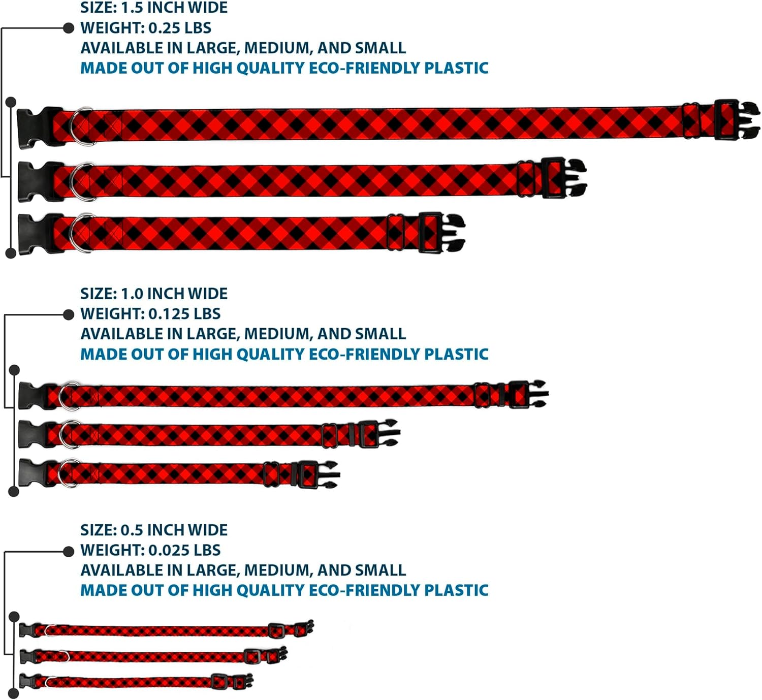 Dog Collar Plastic Clip Diagonal Buffalo Plaid Black Red 18 to 32 Inches 1.5 Inch Wide, Multicolor, Large