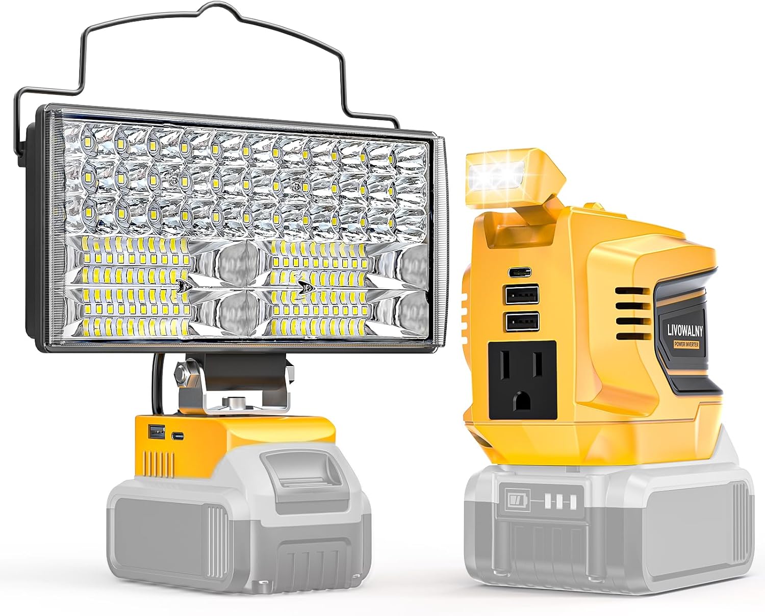 200W Power Inverter & 100W LED Work Light Bundle for Dewalt 20V, DC 20V to AC 110-120V Portable Battery Inverter, 10000LM Flashlight Portable LED Flood Light, Battery Not Included