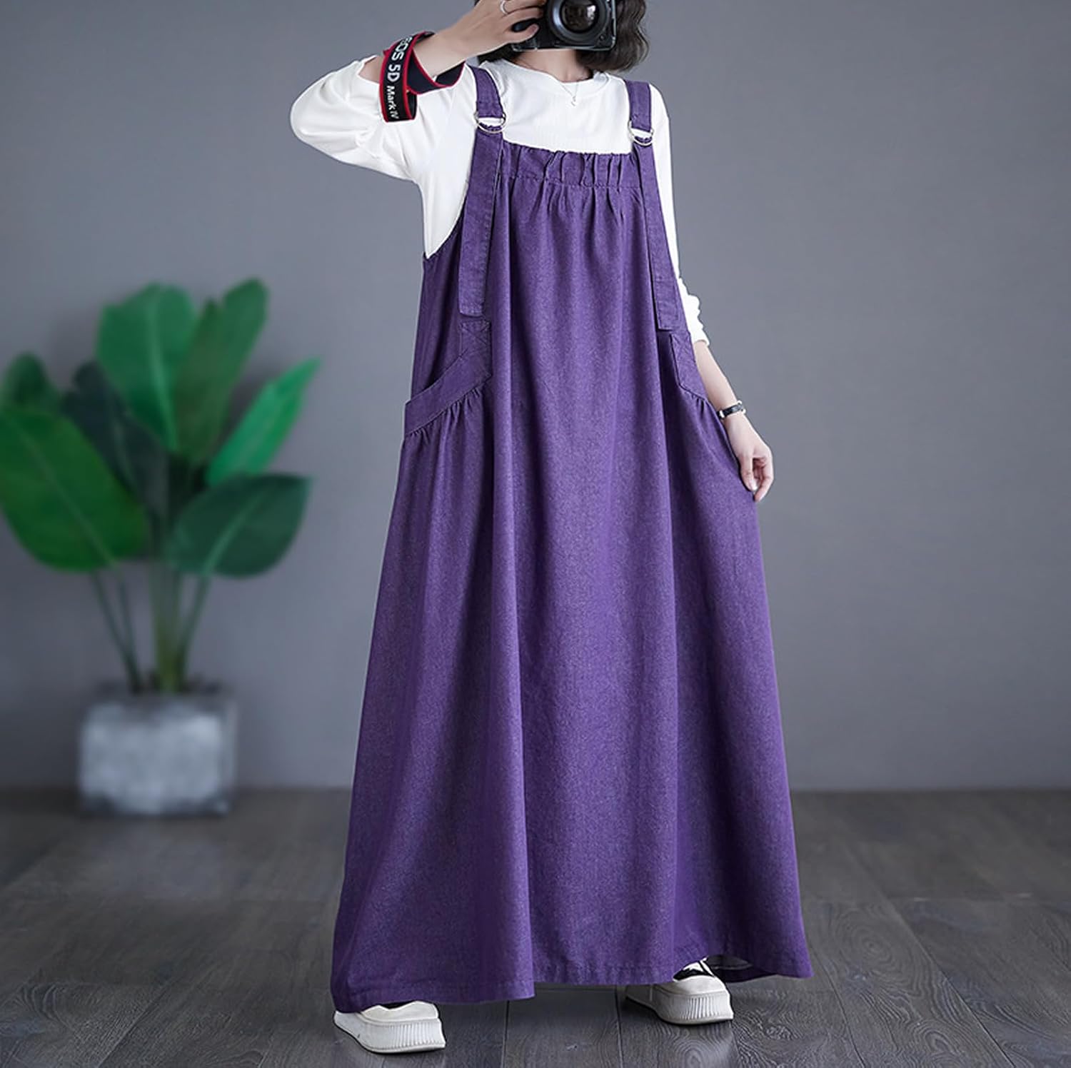 Women's Denim Jumper Dress Loose Baggy Maxi Adjustable Strap Wide Hem Oversize Long Jean Overalls - Image 4