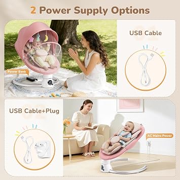 Electric Baby Swing with Remote & APP Control, 5 Swing Speeds, 3 Timers, 11 Music Built-in, Baby Bouncer with 5-Point Harness, Removable Canopy, 2 Positions Adjustable Backrest, 2 Power Options-Pink