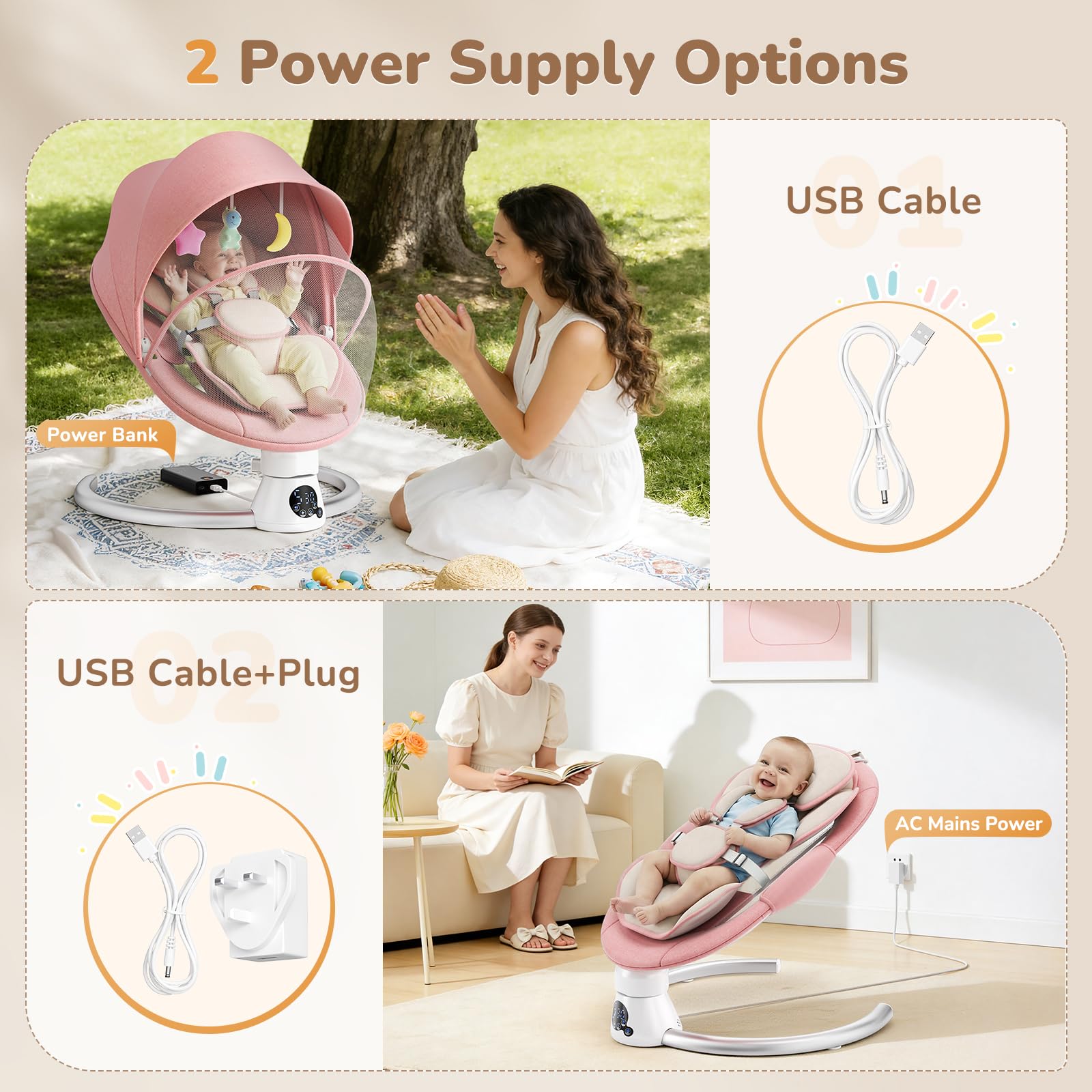 Transat Bébé Électrique avec Dossier Réglable sur 2 Niveaux – Application et Télécommande Balançoire Électrique pour Bébé, 12 Sons et Prise en Charge Bluetooth, 2 Options D'alimentation (Rosa)