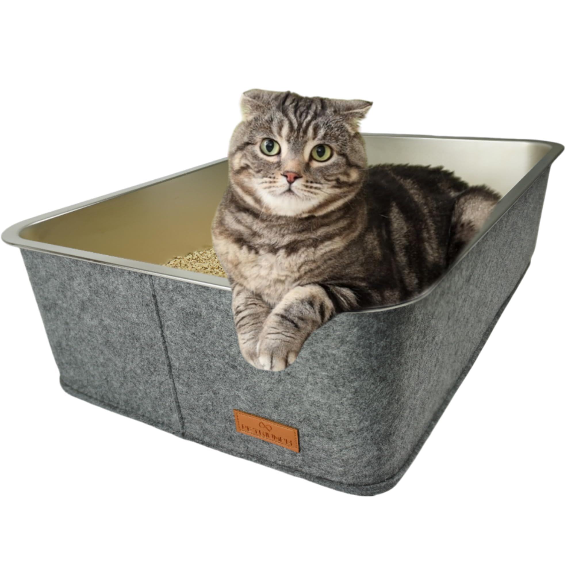 Petriumph® Kattenbak XXL – Roestvrij Staal, Antibacterieel, Met Vilten Hoes, 59,5x39,5x16,5 Cm, Antislip, Voor Grote En Kleine Katten