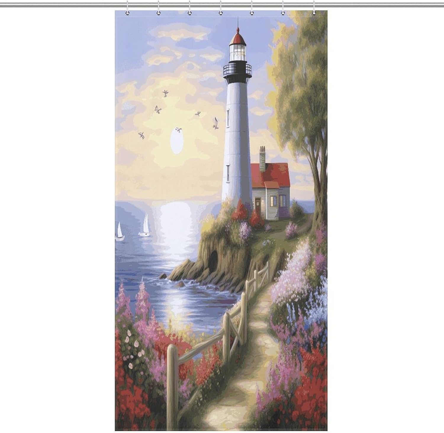 Shower Bath Curtain Bathroom Waterproof Polyester Lighthouse Diamond Painting Printed Heavy Duty Long Curtains for Bathroom Showers, Bath Tubs, Machine Wash, 72"x72"