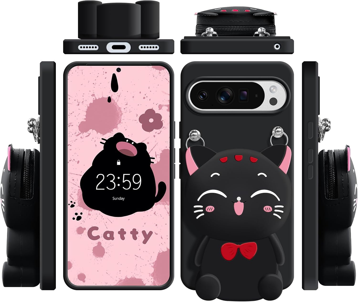 for Google Pixel 9/9 Pro Case, Cute Black Lucky Cat Coin Purse Fancy Phone Case for Women Girls with Crossbody Strap Kawaii Soft Silicone Cover for Pixel 9/9 Pro image 3