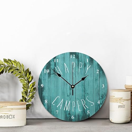 Miniatura 5 de Happy Campers - Reloj de pared turquesa para jubilación, casa rodante, camping, reloj de madera de 10 pulgadas, silencioso, sin tictac, funciona con