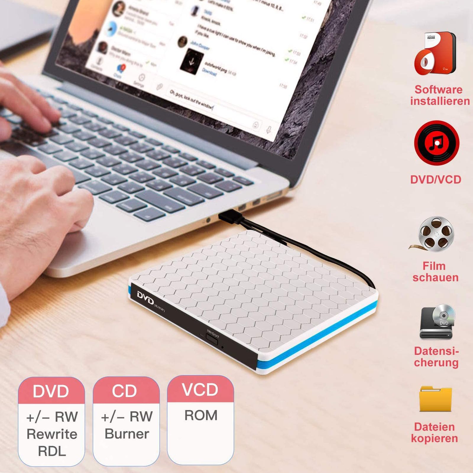 Reproductor de DVD externo portátil con interfaces USB C y USB 3.0 para 10, 8, 7 PC, portátil, DVD, unidad de escritorio para escritorio