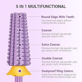 MelodySusie Super Cut Edition 5 in 1 Nail Drill Bits, 3/32\'\' Carbide Tungsten Multi-function Bits, Suitable for Manicure Pedicure Cuticle Gel Polishing, Purple, Series Bit-M, Double Coarse