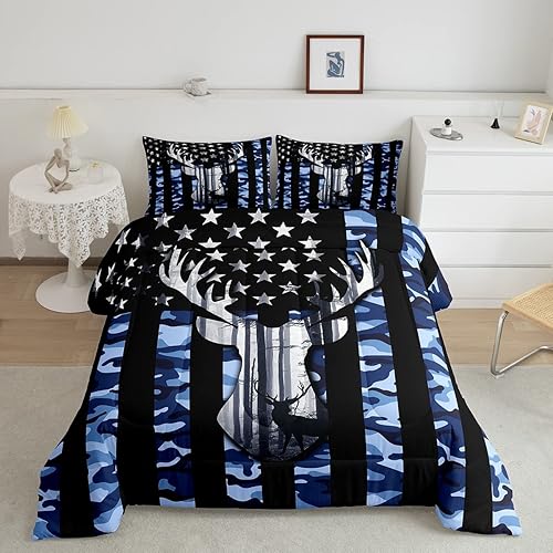 Miniatura 2 de Juego de edredón de tamaño matrimonial con bandera estadounidense de camuflaje para niños, cuernos de ciervo, banderas de camuflaje azul para