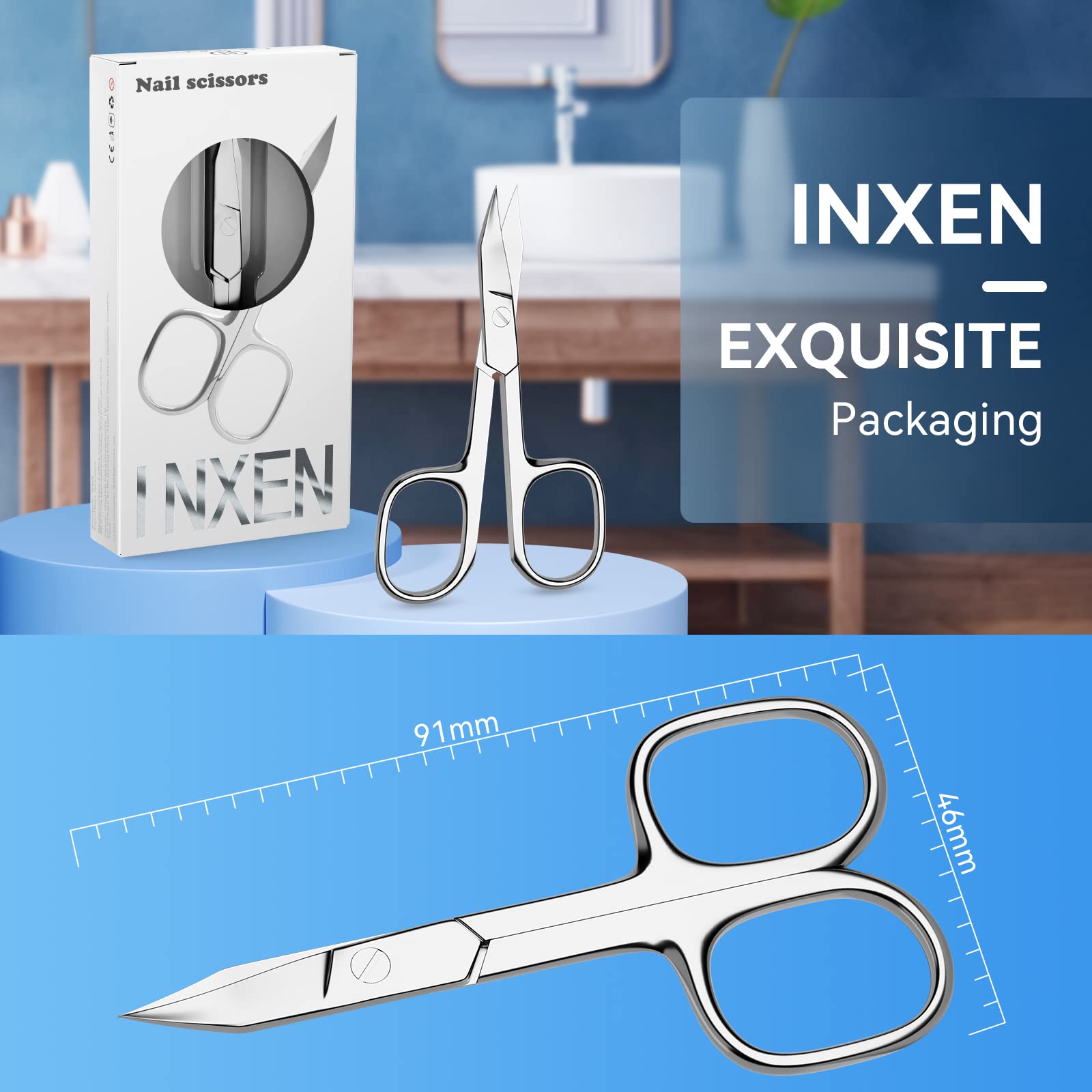 INXEN Ciseaux Ongles Professionnel Lame Incurvé en Acier Inoxydable,Ciseaux à Ongles Manucure Beaute Toilettage,Coupe Cuticules/Cils/Sourcil/Barbe Disponible Homme Femme BUT02NAL11C15 Argent
