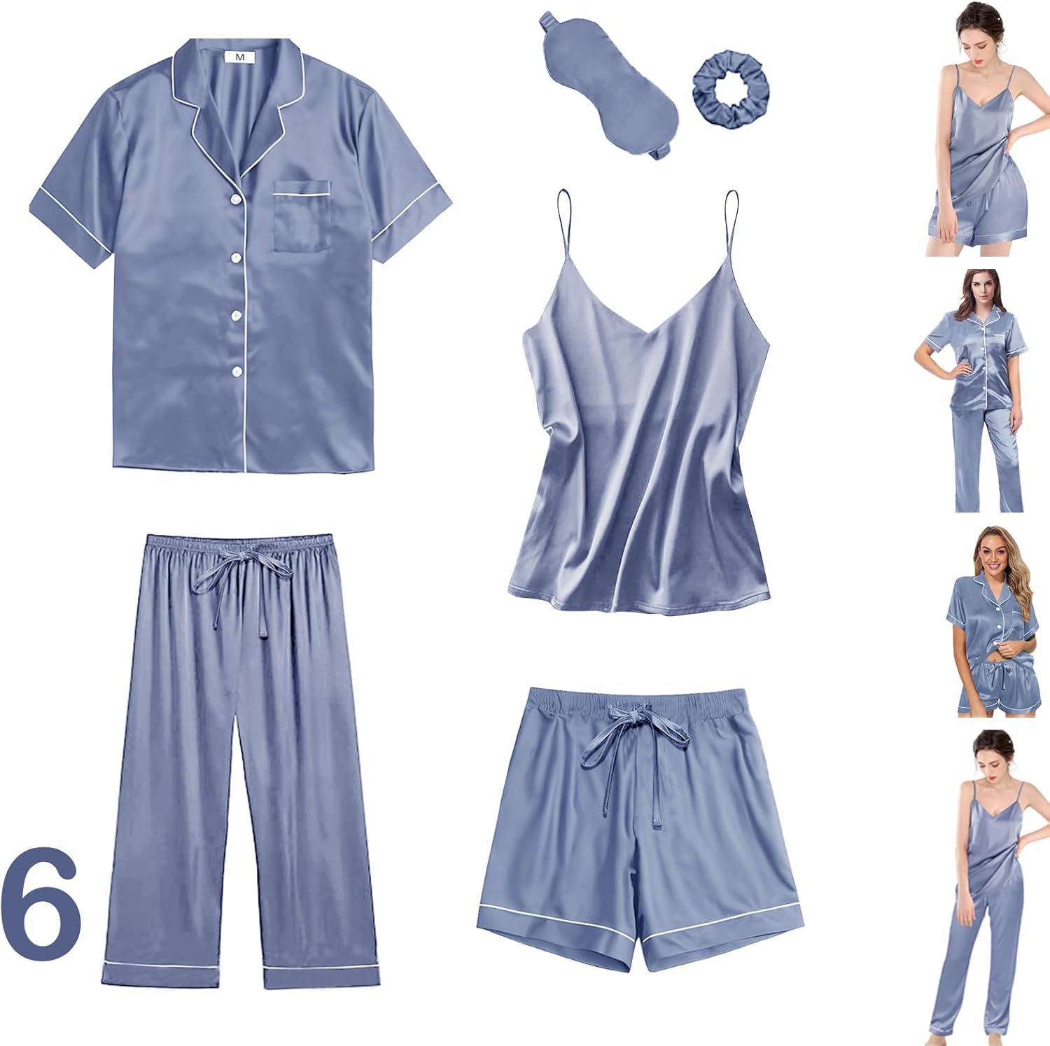 6Pcs Womens Silk Satin Pajama Sets Pj Sets Short Pjs Set Pajamas Sleepwear Camisole Sexy Cami - Image 2