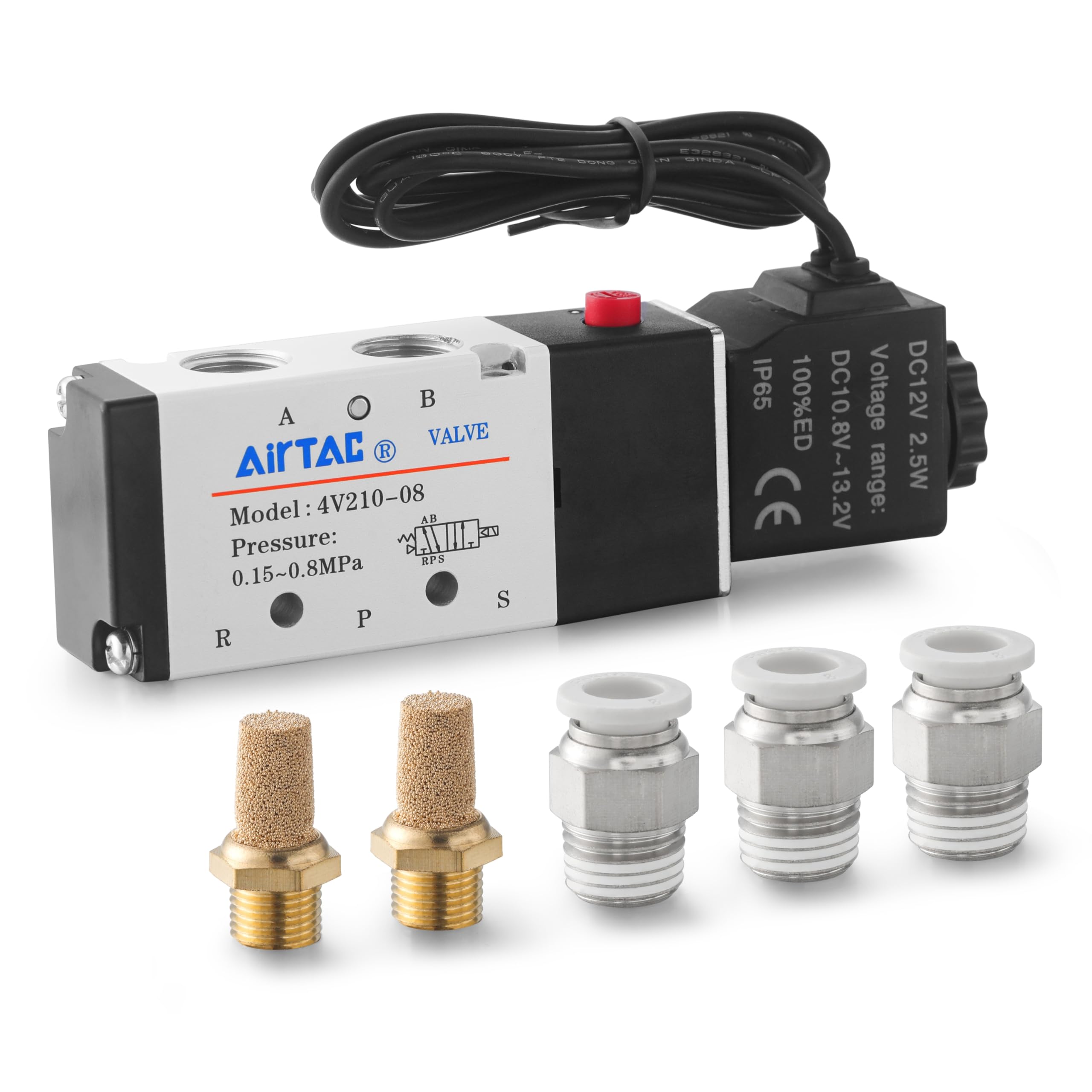 Válvula solenoide DC24V AirTAC 4V210-08 1/10.2 cm PT Cable de salida de aire neumático 2 posiciones 5 vías eléctrica sola bobina operada por piloto
