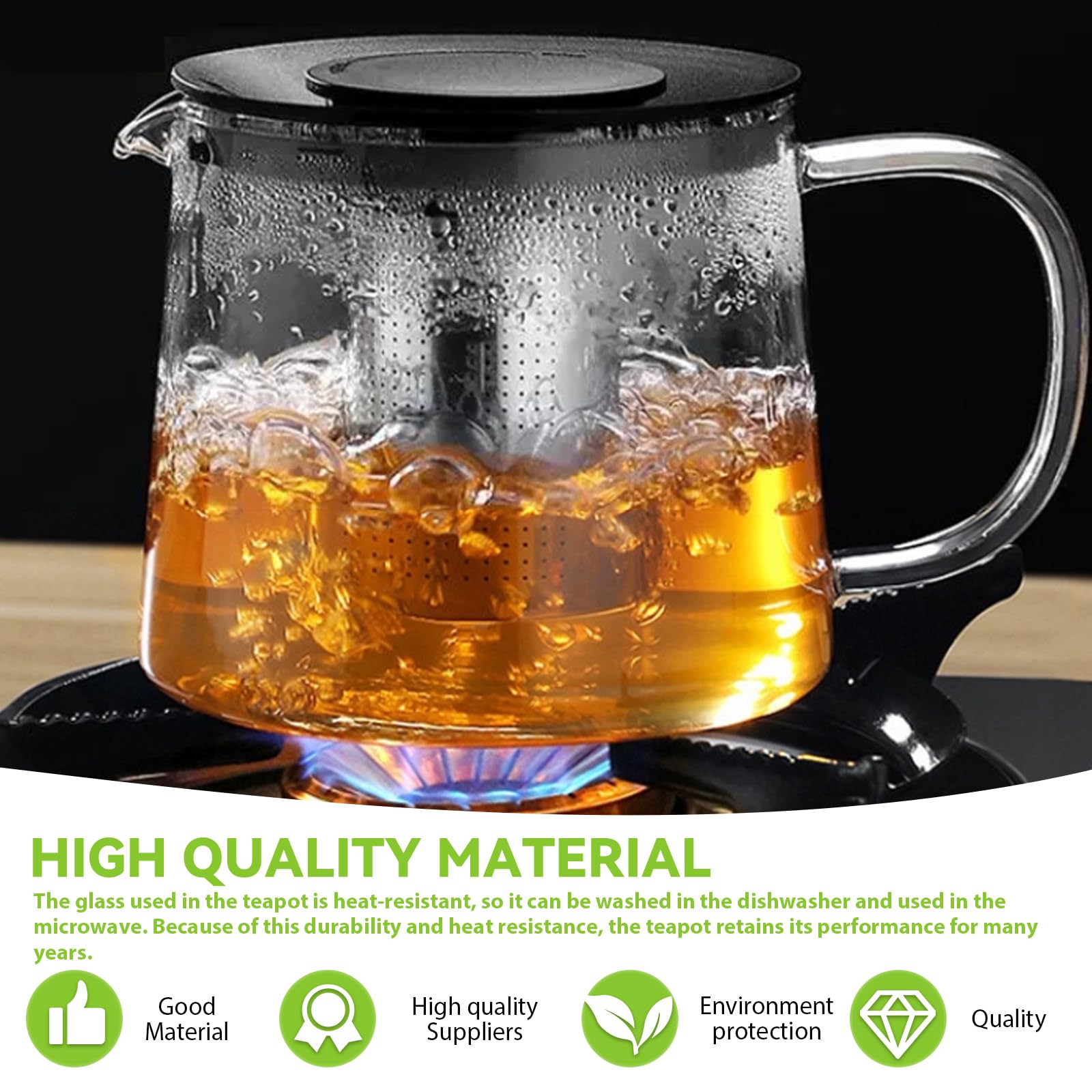 1.5L Glaskanne mit sieb, Teekanne mit Siebeinsatz, Teekanne aus Glas, Glasteekanne, Borosilikatglas Teeservice Überhitzungsschutz für schwarzen Tee, Grüner Tee, duftender Früchtetee